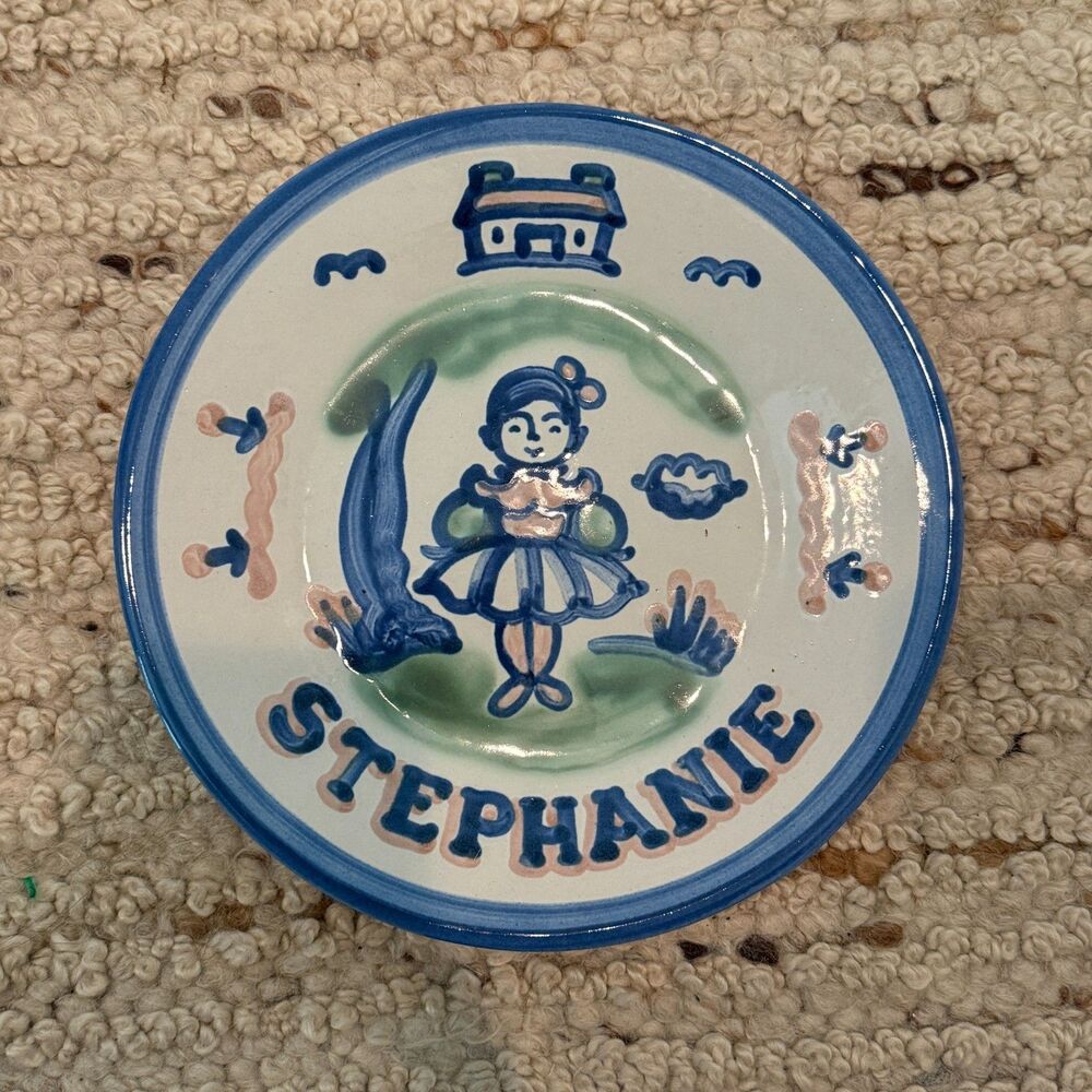 M.A. Hadley Pottery Personalized Stephanie Child’s Plate Hand Painted Blue Green